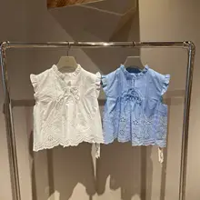 清爽なデザインのコットン刺繍シャツ【フレンチスタイル・レーススリーブ】