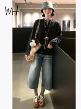 アメリカンレトロ ハイウエスト ゆったりストレートカット 七分丈デニムパンツ【春夏向け・女性用・スタイルアップ】（セットアップ対応）
