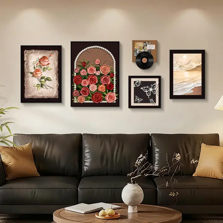 ヴィンテージ風リビングルーム装飾アート【フランス風・バラデザイン・壁掛け絵画】（セットアップ対応）