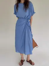 夏用 レディース ドレープデザインのウエストリボン付きミディドレス【ラウンドネック・半袖】