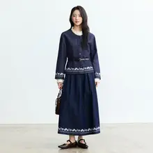 刺繍デザインのデニムジャケット【ウエストベルト付き・春用・フレンチスタイル】