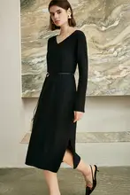 COKEYA 羊毛混紡 Vネック長袖ニットワンピース【ウエストマーク・秋冬用】