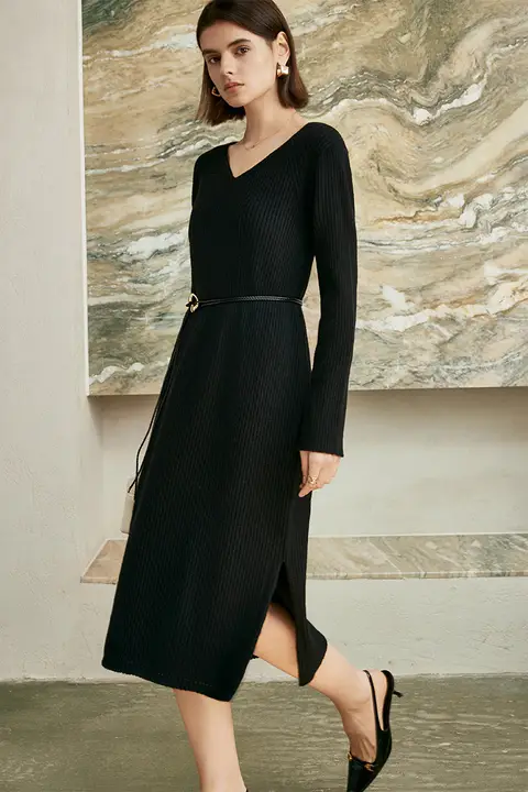 COKEYA 羊毛混紡 Vネック長袖ニットワンピース【ウエストマーク・秋冬用】