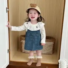 可愛いくまプリントのデニムサスペンダースカート【女の子用・春夏向け】