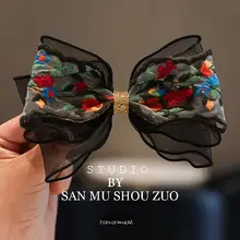 刺繍入り花柄リボンヘアアクセサリー【子供用・スプリングクリップ・後頭部用】
