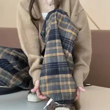 高腰チェック柄ワイドパンツ【秋冬用・直筒・極上の柔らかさ・カジュアル】（セットアップ対応）