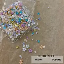 ネイルデコレーション 彩色の五弁花とパール・スチールビーズの混合デザイン【夏用】