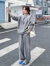 浅灰色のルーズフィットパーカー【カジュアルデザイン・ラフなワイドパンツ・春秋用】（セットアップ対応）