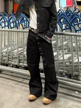ユニセックス デニムパンツ【ボタンデザイン・カジュアル・ワイドレッグ・ヒップホップ】