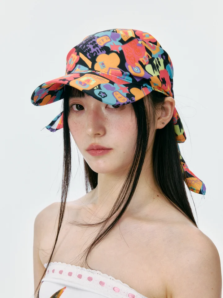 春夏秋用フェスティバル風プリントバンダナキャップ【日焼け防止・小さめブレード・個性派デザイン】