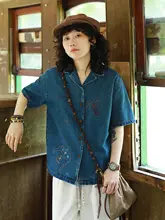 夏用のユニセックス刺繍入りレトロデニムシャツ【半袖・クラシックデザイン】