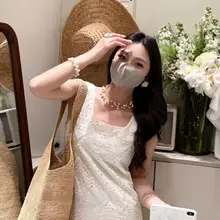 夏用 清新風 方形ネックのゆったりとしたレース刺繍ノースリーブロングドレス