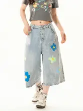 デニムクロップドパンツ レディース 花柄 アメリカン ヴィンテージ ルーズ カジュアル 着回し 夏