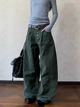 おしゃれなデザインのワイドレッグ工装パンツ【ストリートスタイル・皺加工・ボタン付き】（セットアップ対応）