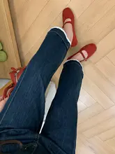 深い青のレースレイヤー付きデニムパンツ【ハイウエスト・ゆったりフィット・ストレート】