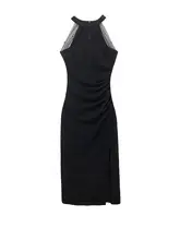 デザイン感溢れるメッシュ切替ネックホルダーサマードレス【ハイウエスト・スリット・ロング・女性用】