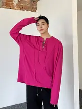 個性的なパッチワークデザイン メンズ長袖カジュアルTシャツ【ストライプ・ドローストリング付き】