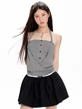 トップス レディース ホルターネック フェイクレイヤード チューブトップ キャミソール ノースリーブ 美背デザイン 甘辛MIX 夏