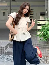 独特なデザインの上着と藏蓝色の七分丈ワイドパンツ【夏用・女性・文芸スタイル】（セットアップ対応）
