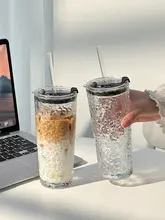 大容量 蓋付きストローグラス【透明・コーヒー用・オフィス向け】