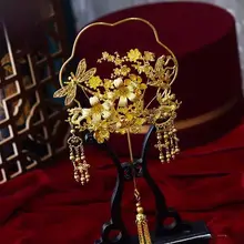 結婚式用 中華風 新婦用金色レース扇子ヘッドアクセサリー【古風・龍鳳デザイン】