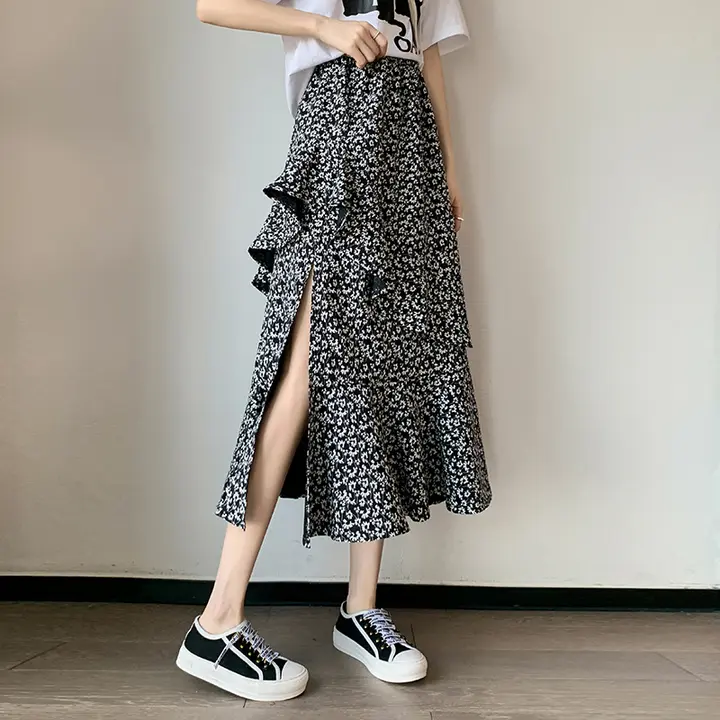 フラワープリント ハイウエストマーメイドスカート【夏用・ロング・不規則なスリット】