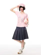 半袖Tシャツ レディース サブカル 星柄 猫プリント Vネック ハート パッチワーク 短丈 若見え 夏