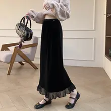 木耳襟デザインのサテン風ハイウエストスカート【秋冬用・カジュアル・Aライン・スリット入り】