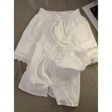 春夏用 白色リボン付きノースリーブルームウェア【レース飾り・ショートパンツ・家居服】（セット アップ対応）