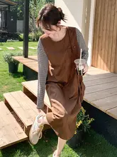 レトロスタイルのブラウンキャミソールワンピース【春秋用・独特なデザイン・中長丈】（セットアップ対応）