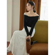 白色の圧皺サテン半身スカート【秋用・高腰・Aライン・レトロデザイン】