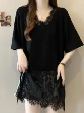 大きいサイズのVネックレース切替ゆったりTシャツ【半袖・体型カバー・カジュアル】（セットアップ対応）