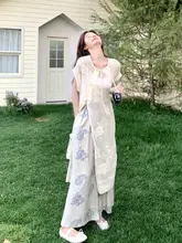 高級感のある中華風刺繍プリントブラウス【フィット・女性用】とワイドパンツ（セットアップ対応）