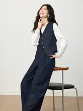 春季用ビンテージ風デニムブレザー＆ワイドパンツ【したフィット感・レディース】（セットアップ対応）