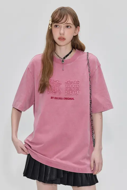 刺繍入りショートスリーブTシャツ【レディース・ヴィンテージ風・コットン100%・夏用】