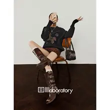 セーター レディース クルーネック チョークアート柄 ルーズ ブラック 春 トップス
