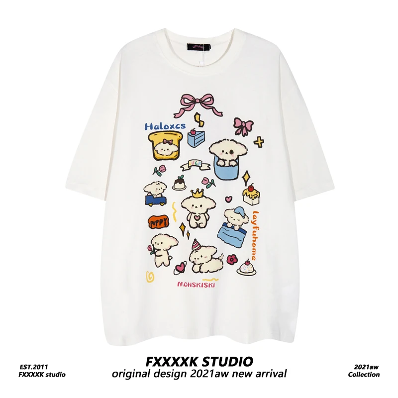 可愛い犬プリントのユニセックスTシャツ：オーバーサイズで夏のカジュアルスタイルを実現