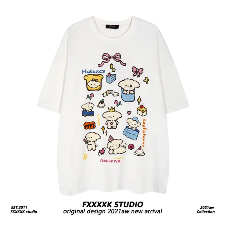 Tシャツ 半袖 ユニセックス ペア アメリカン風 甘辛MIX プレッピースタイル かわいい 犬柄プリント オーバーサイズ ルーズ カジュアル 「FXK」