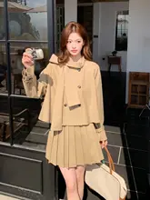 カキリ風 タイ付きトレンチコートとプリーツスカート【春秋用・韓国風・学院スタイル】（セットアップ対応）