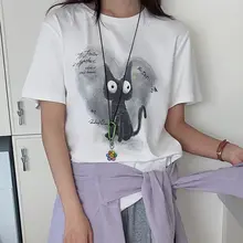 小猫プリントのゆったりラウンドネックTシャツ【春夏用・短袖・カジュアル】