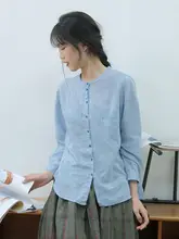 リネン製 春夏用 レディース ボタンダウンシャツ【シンプル・レトロスタイル・立ち襟】