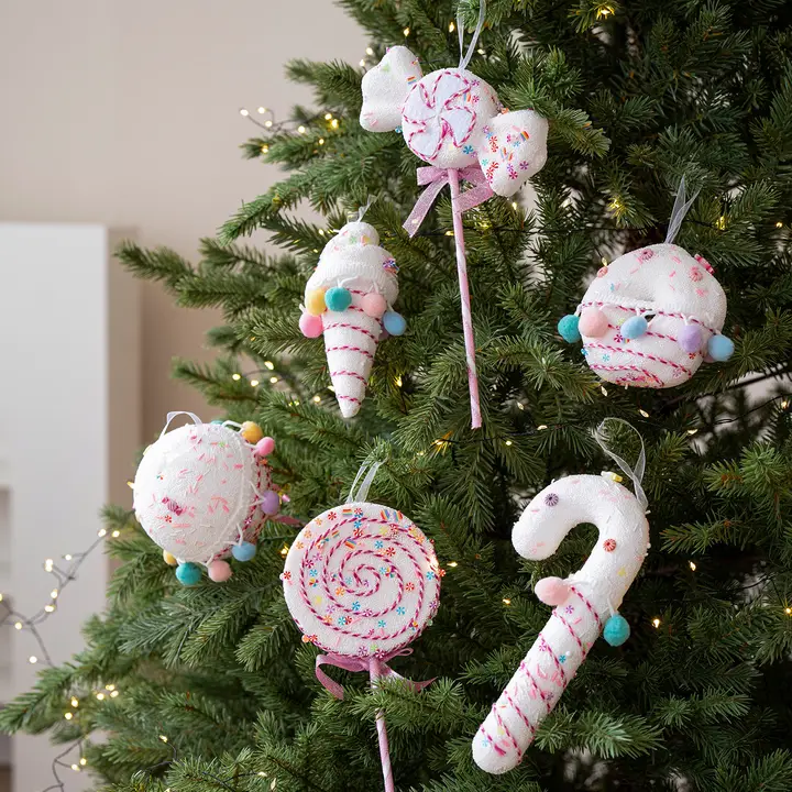 カラフルなキャンディケイン型のクリスマスツリー装飾品【可愛い毛糸編み・子供向け】