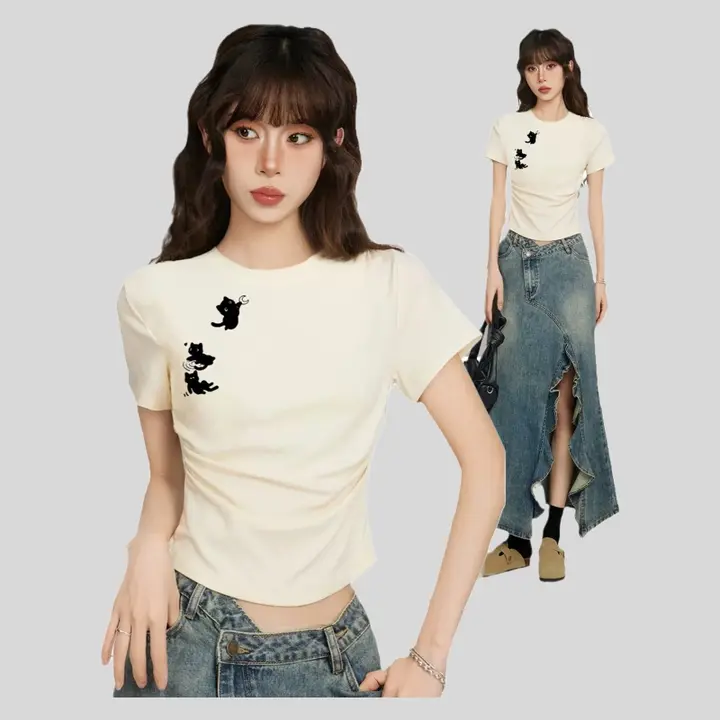 ネコ 短袖 Tシャツ 女性 夏 修身 半袖 白色