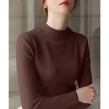 女性用 ニット半高領 五分袖トップス【ウール混・スリムフィット・秋用】