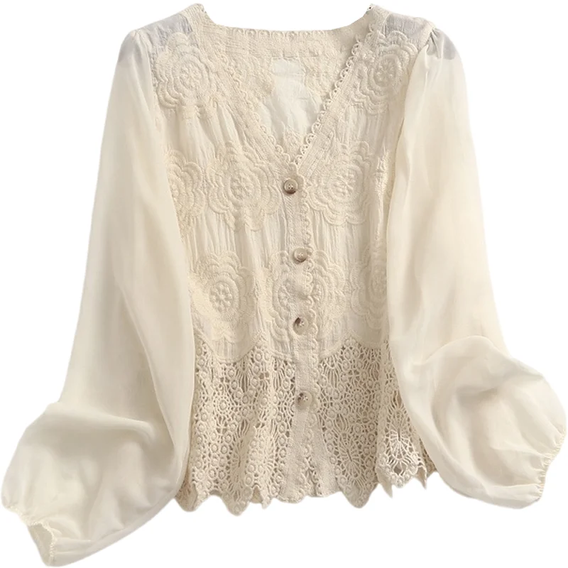 春用リボンデザインの透かしレースカーディガン【Vネック・長袖・女性用】