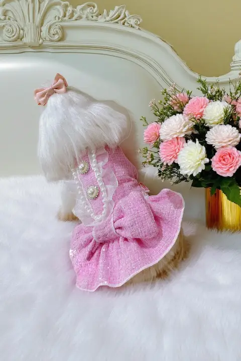 冬用ボウタイ付きワンピース【犬用・マルチーズ・ヨークシャー・ふわふわ素材】