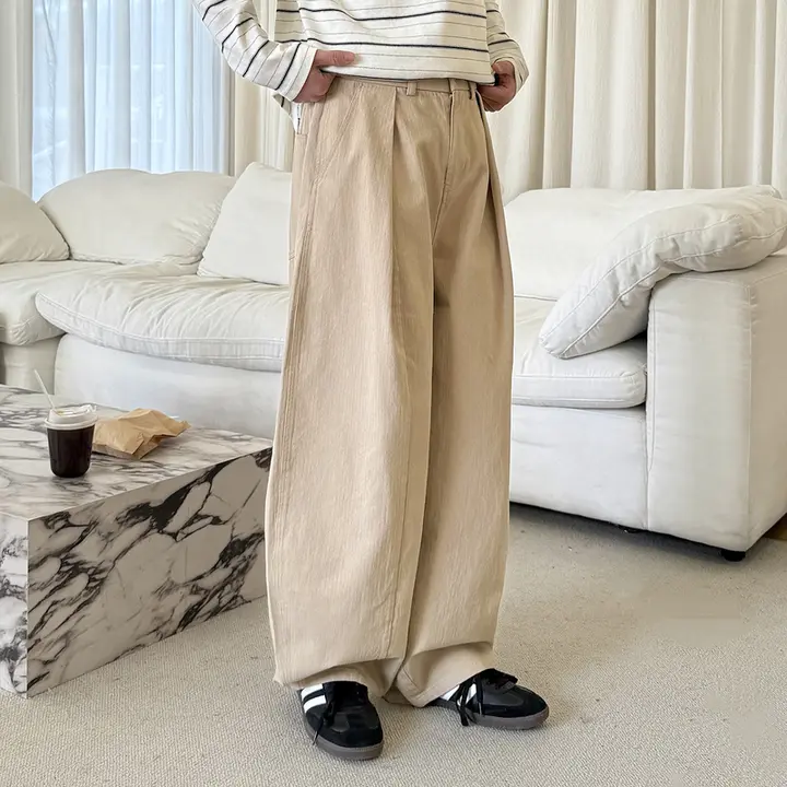 ワイドパンツ メンズ カーキ シングルプリーツ ドレープ感 ルーズ ヴィンテージ カジュアル 春