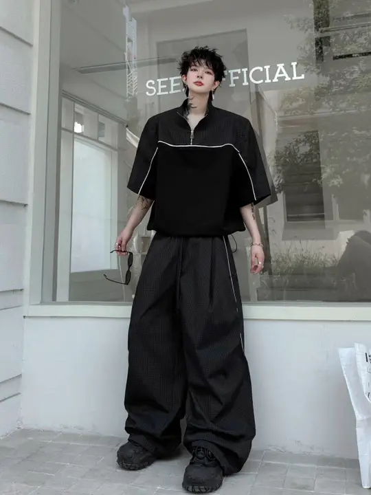 夏用半袖プルオーバーシャツ【チェック柄・フィット・男性用】＆ロングパンツ（セットアップ対応）