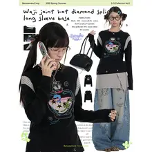黒の長袖Tシャツ【ダルメシアンデザイン・ドルフィンラッキー瓶・スパンコール装飾】