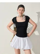 シンプルで多用途なフィット感の良いショートスリーブTシャツ【四角いネックライン・大きいサイズ】
